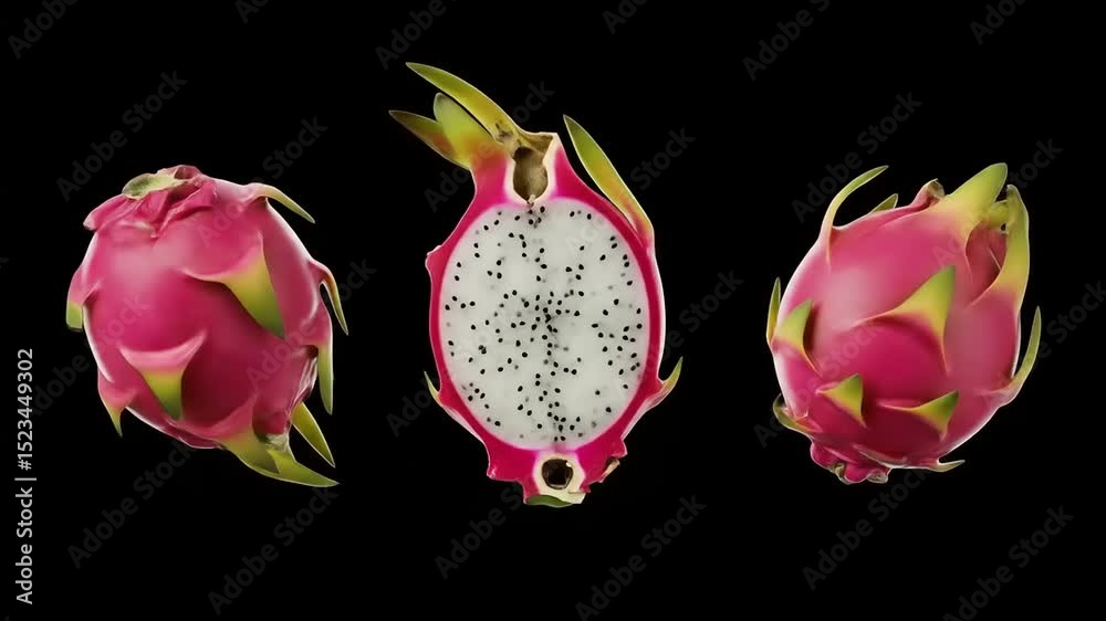Vibrant dragon fruit displayed in various stages of cut, showcasing its unique texture and colors