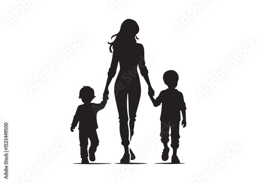 A mommy with a small boy, wear casual outfits, walking holding arms Silhouette Vector