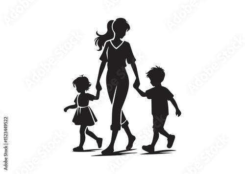 A mommy with a small boy, wear casual outfits, walking holding arms Silhouette Vector