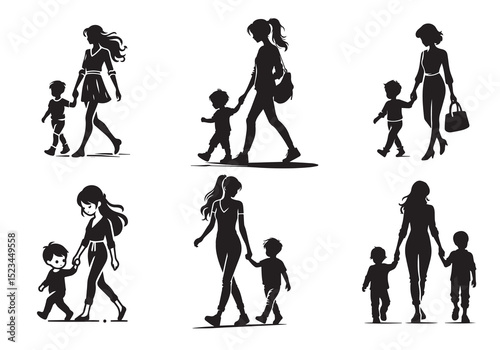 A mommy with a small boy, wear casual outfits, walking holding arms Silhouette Vector Set