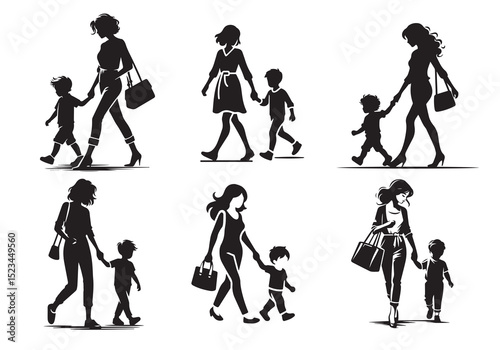 A mommy with a small boy, wear casual outfits, walking holding arms Silhouette Vector Set