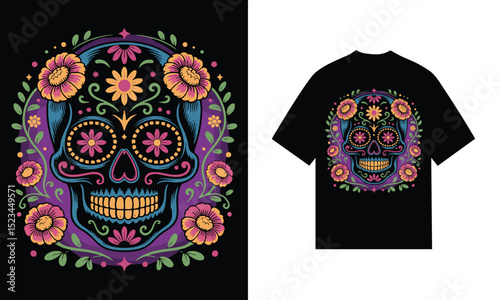 Sugar skull floral design t-shirt print