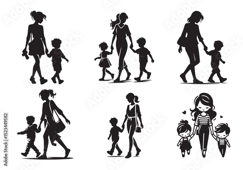 A mommy with a small boy, wear casual outfits, walking holding arms Silhouette Vector Set