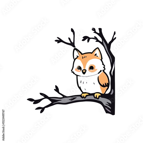 Whimsical Fox-Owl Hybrid – Unique Cartoon Animal Perched on Tree Branch in Playful Vector Art
