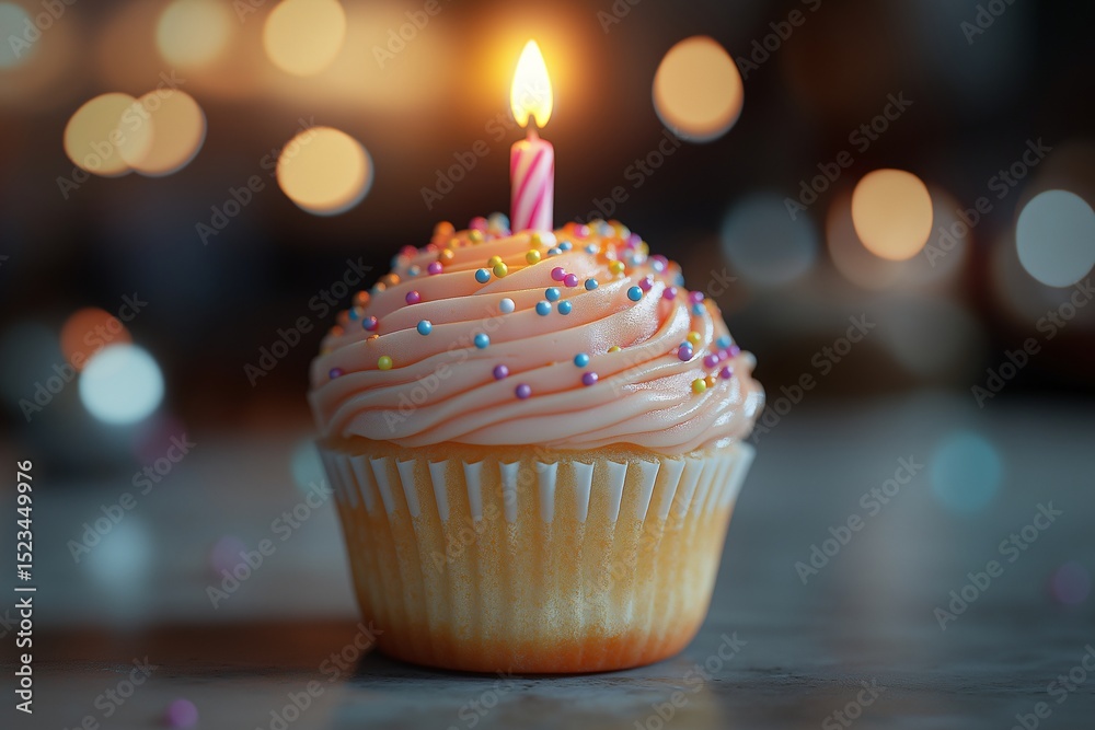 Delicious Birthday Cupcake with Candle and Sprinkles - Celebrate with Sweet Dessert & Fun Party Mood Delicious Birthday Cupcake with Candle and Sprinkles - Celebrate with Sweet Dessert & Fun Party Mood