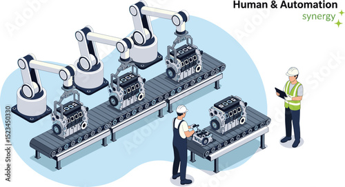 Teamwork between human workers and robotic arms in an industrial assembly line showcasing automation and precision in quality control operations cartoon