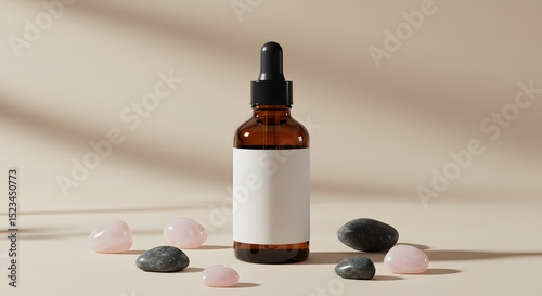 Aromatherapy Essential Oil Bottle Surrounded by Healing Stones photo