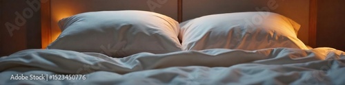 Close-up of two pillows nestled together on a bed, soft lighting creating a cozy and intimate atmosphere Perfect for concepts of relaxation, intimacy, comfort, and peaceful sleep , fabric, bed