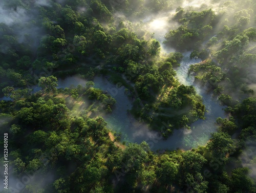 River bends through lush green forest aerial view