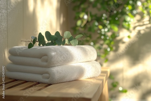 Luxury Spa Bathroom. White Towels, Eucalyptus Greenery & Minimalist Zen Decor for Relaxation & Comfort