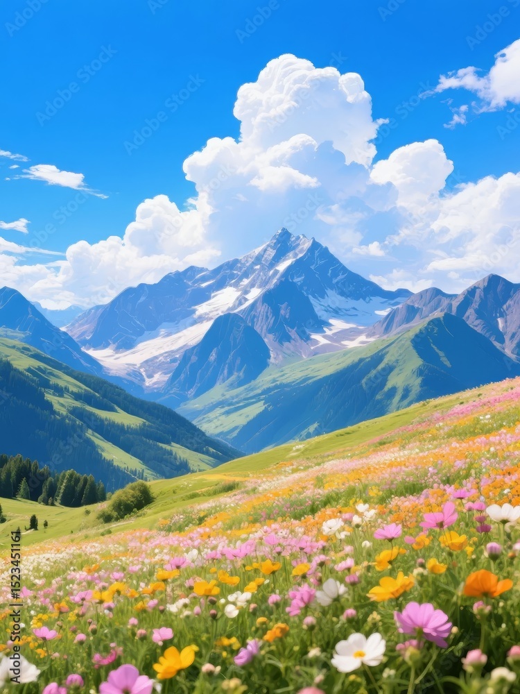Fototapeta premium Vibrant Wildflower Meadow at the Foot of Snow-Capped Mountains
