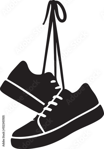 Black and white graphic of hanging sneakers indicating casual wear recreation and design elements
