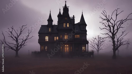 a horror, large, and eerie mansion with glowing windows stands silhouetted against a dark, foggy sky. Halloween theme house like in witchcraft or fantasy world