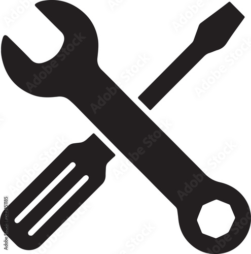Black and white illustration of crossed tools wrench and screwdrivers representing repair maintenance and technical service concepts