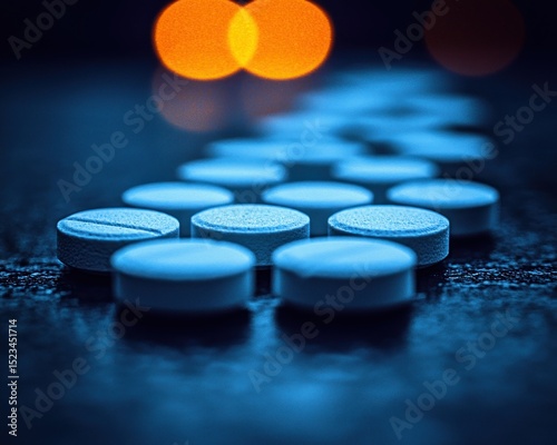 Close-up of light-blue pills in a dark scene.  Blurred orange lights in the background photo
