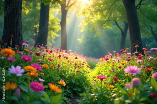 Vibrant wildflowers bloom in a lush forest clearing, sunlight dappling through the leaves, creating a magical scene Perfect for nature, spring, and floral themes , organic, meadow