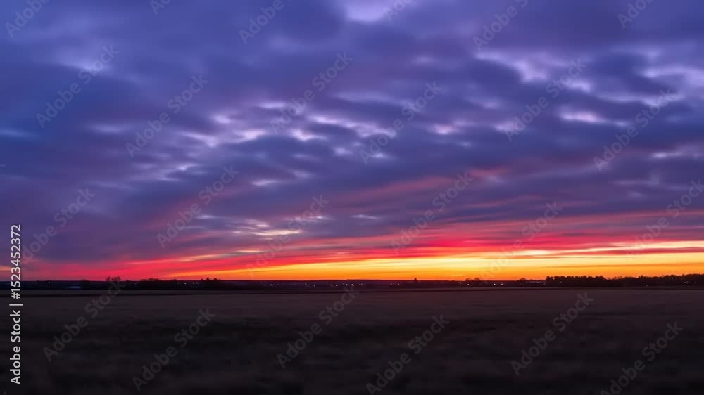 Vibrant sunset over a tranquil landscape with colorful clouds and distant silhouettes of trees Vibrant sunset over a tranquil landscape with colorful clouds and distant silhouettes of trees
