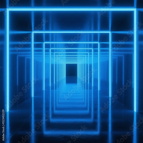 Endless Blue Neon Tunnel with Reflective Floor