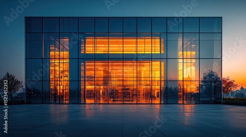 Modern glass building at dawn. Interior lit orange