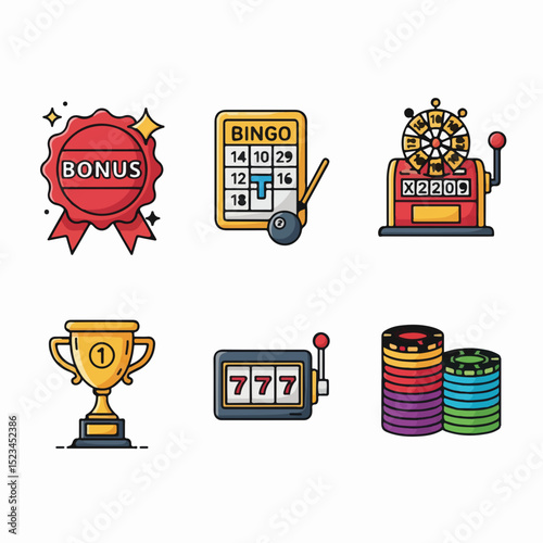 Colorful icons of gambling elements: bonus, bingo, roulette, trophy, slot machine, & chips, depicting games of chance and reward.