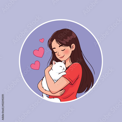Illustration: A girl with brown hair lovingly embraces a fluffy white cat. Hearts float around them, symbolizing affection and warmth. Set in a circle.