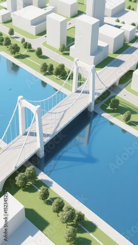 Modern Bridge Spanning a River with Urban Buildings in the Background