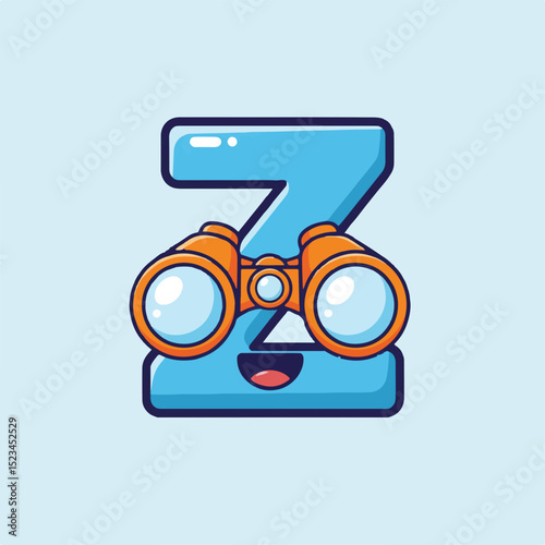 Cartoon illustration of the letter Z, depicted in blue with a dark blue outline. Orange binoculars are placed where the eyes would be, and a smiling mouth is present.