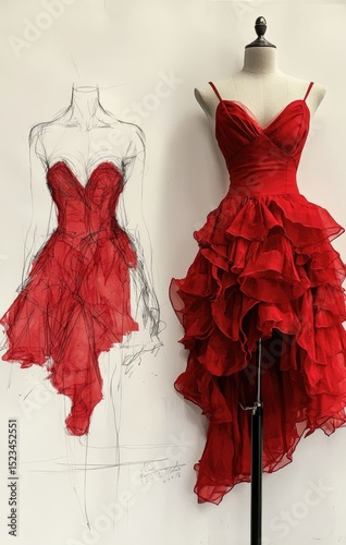 Red dress sketch and its actual form on mannequin, bright and stylish