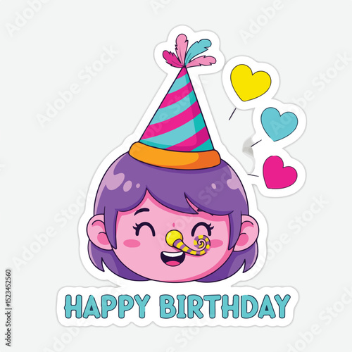 Cartoon of a smiling girl with purple hair, wearing a striped birthday hat. Hearts float around her head. HAPPY BIRTHDAY is written below.