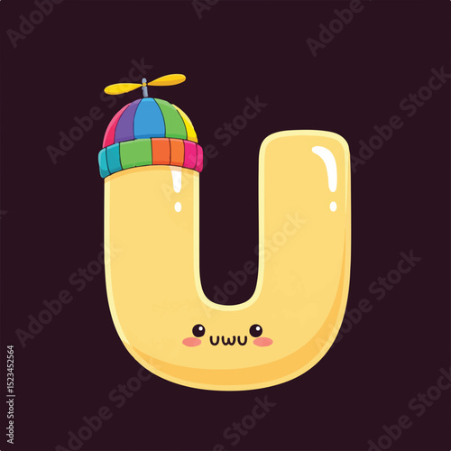 Cute cartoon letter U with kawaii face and a colorful propeller beanie.