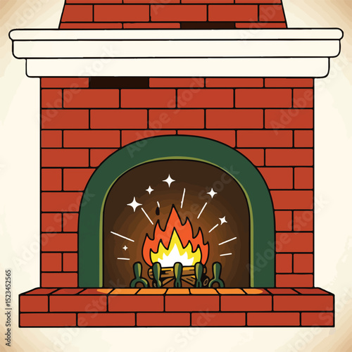 Cartoon illustration of a brick fireplace with a green arch, a white mantel, and a warm, crackling fire inside. Stars add a magical touch.