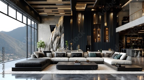 Modern living room with panoramic mountain views.