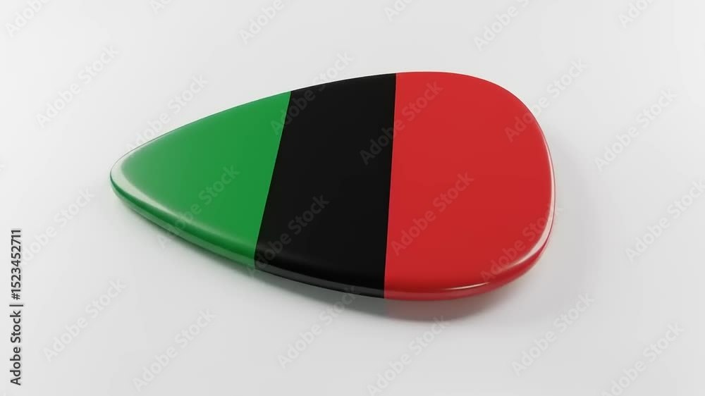 Vibrant triangular guitar pick featuring red, black, and green colors on a smooth white background