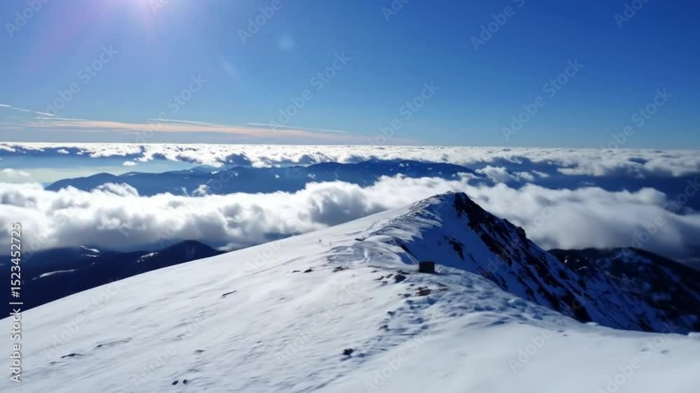 Snowy Mountain Peak with Cloud Inversion Views and Bright Sunlight Horizon Snowy Mountain Peak with Cloud Inversion Views and Bright Sunlight Horizon