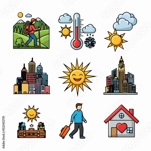 Cartoon icons: hiking, weather, city, sun, travel, and home. The images suggest diverse elements like nature, urban life, travel, and warmth.