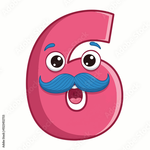 A cartoon image of the number six (6) with a face. It has eyes, a blue mustache, and an open mouth, giving it a happy expression. The number is pink with a darker pink outline.
