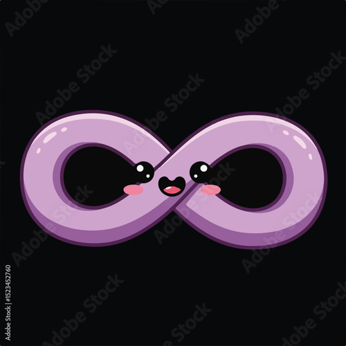 Cute cartoon infinity symbol character with a smiling face and blushing cheeks on a black background. Simple, minimalist design.