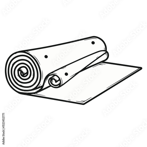Black and white illustration of a partially rolled yoga mat or blanket. Simple line art style with shading indicating form and depth.