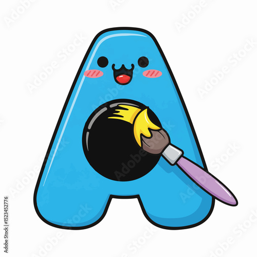 Cute cartoon blue letter A painting a black circle with a yellow paintbrush. Blushing cheeks and a smiling face give it a playful vibe.