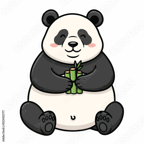 A cartoon panda bear, with black and white fur, holds bamboo stalks. The panda has a smiling expression and pink cheeks.