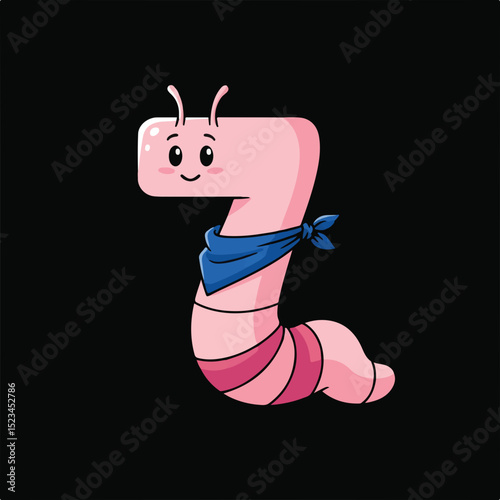Cute cartoon worm! Light pink, wearing a blue bandana, with a happy face. The worms body resembles the number 7. Isolated on a black background.