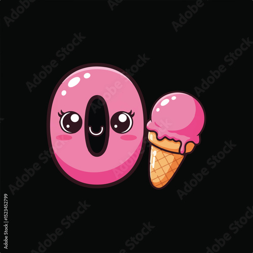 Cute cartoon illustration featuring the number 0 with big eyes and a smile, alongside a pink ice cream cone. Sweet and playful design against a black background.