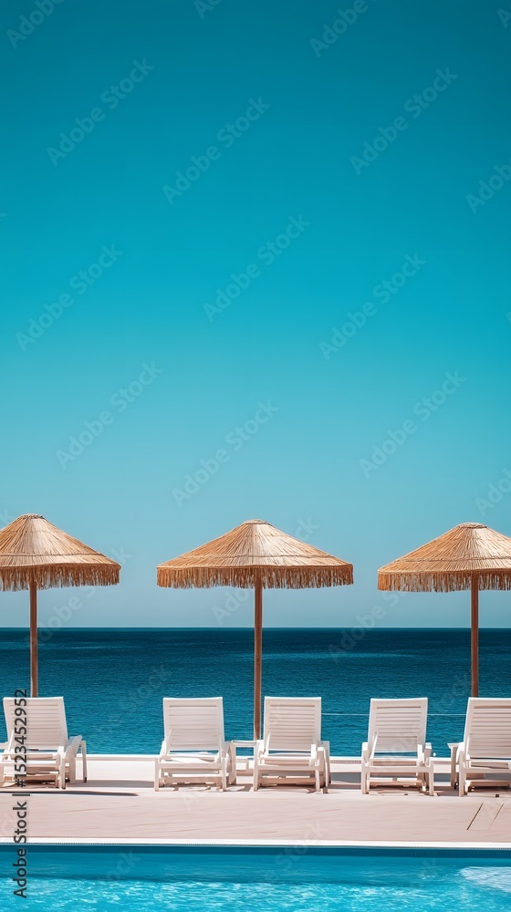 Obraz premium White lounge chairs and straw umbrellas by a swimming pool overlooking the ocean.