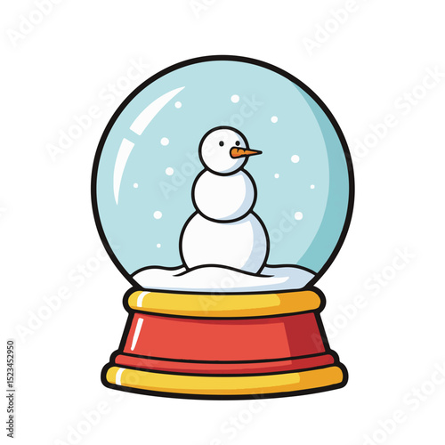 Cartoon image of a snow globe with a snowman inside. The snow globe has a red and gold base. Snowflakes are floating around the snowman.