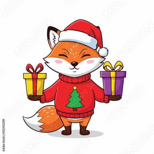 Cartoon fox wearing a Santa hat & Christmas sweater, holding presents in each paw. Cute, festive holiday illustration.