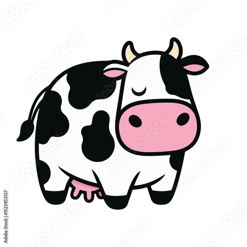 A cartoon cow with black spots, a pink nose, and small horns. It has a simple, rounded design and a friendly, approachable appearance.