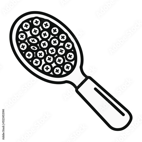 A line drawing of a hairbrush. Oval head with many bristles indicated by circles with crosses. Handle present. Simplistic design.