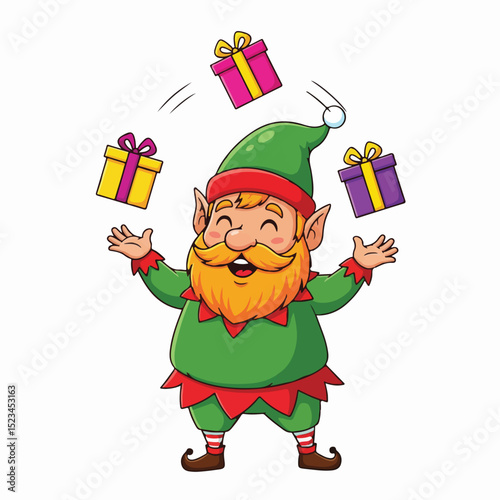 Cartoon elf juggling colorful gift boxes with a cheerful expression. He has a green suit, red trim, and a pointed hat. Christmas and holiday theme.
