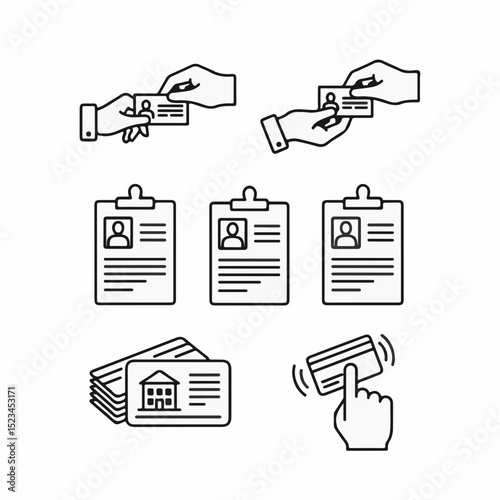 A collection of simple, black and white line art icons representing identity, cards, and personal information. Includes hands exchanging cards and clipboards with portraits.