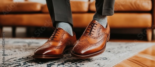 A glimpse of sartorial elegance, classic brown leather wingtip shoes with contemporary appeal